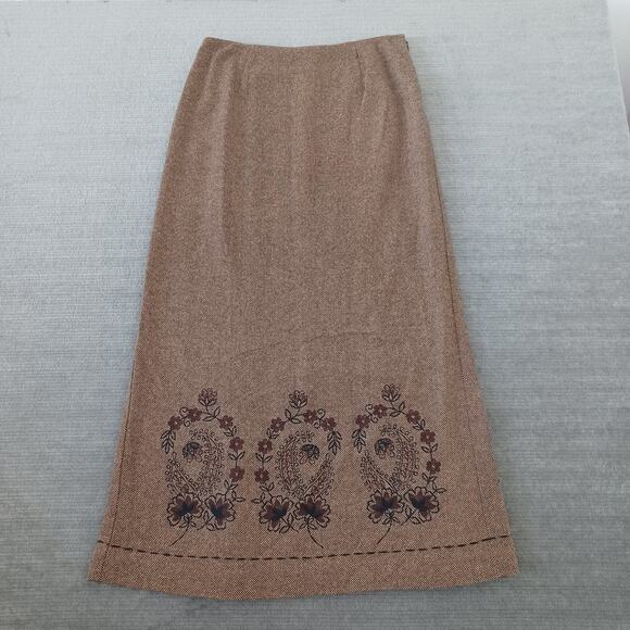 Vintage Harolds Midi Skirt Women 8 Brown Tweed Wool Embroidery Academia Twee 90s - Picture 1 of 8
